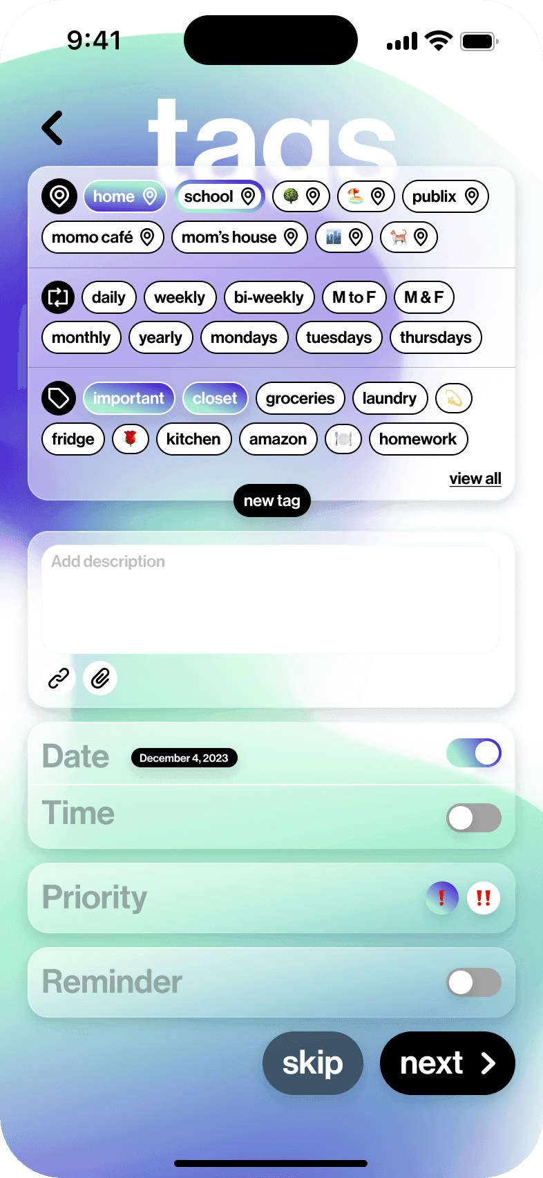 Dash add-task flow — tagging detail