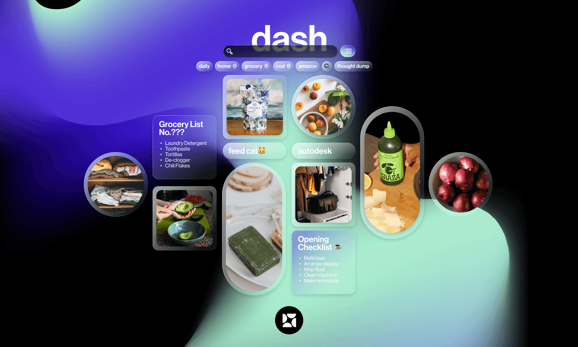 Dash tagging system — floating UI cards and tag cloud over dark gradient