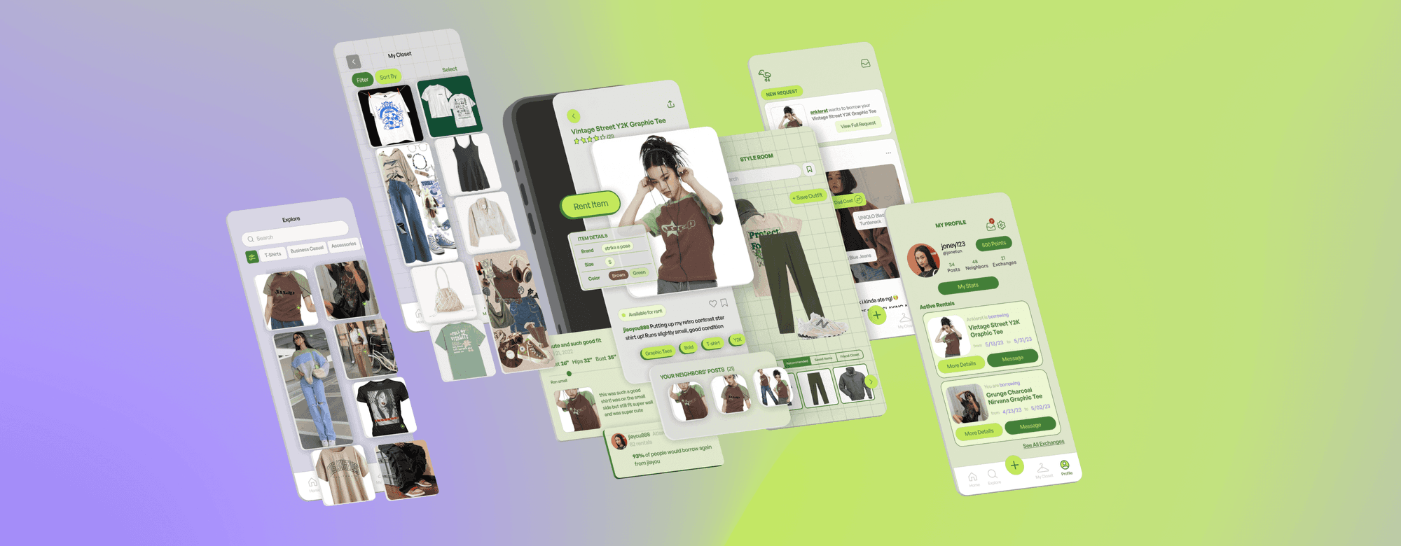 MISFIT app collage — explore, closet, listing, style room, and profile screens