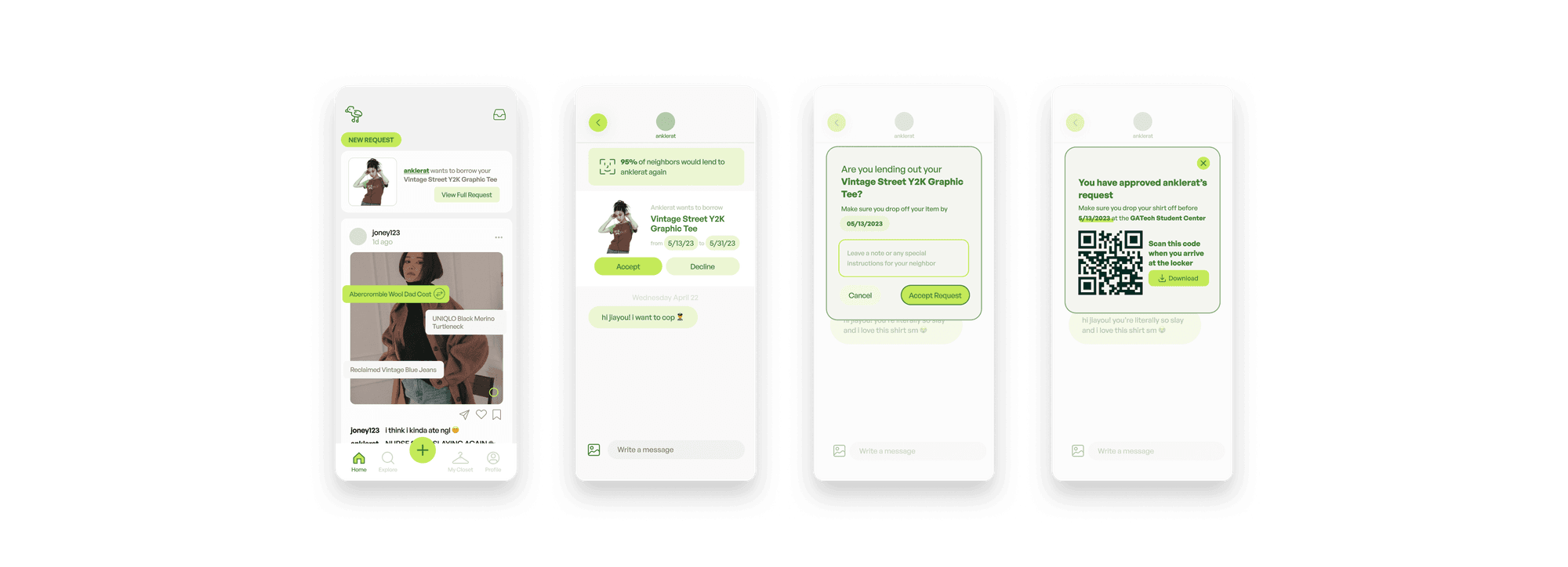 MISFIT lender flow — new request, trust banner, accept confirmation, and drop-off QR