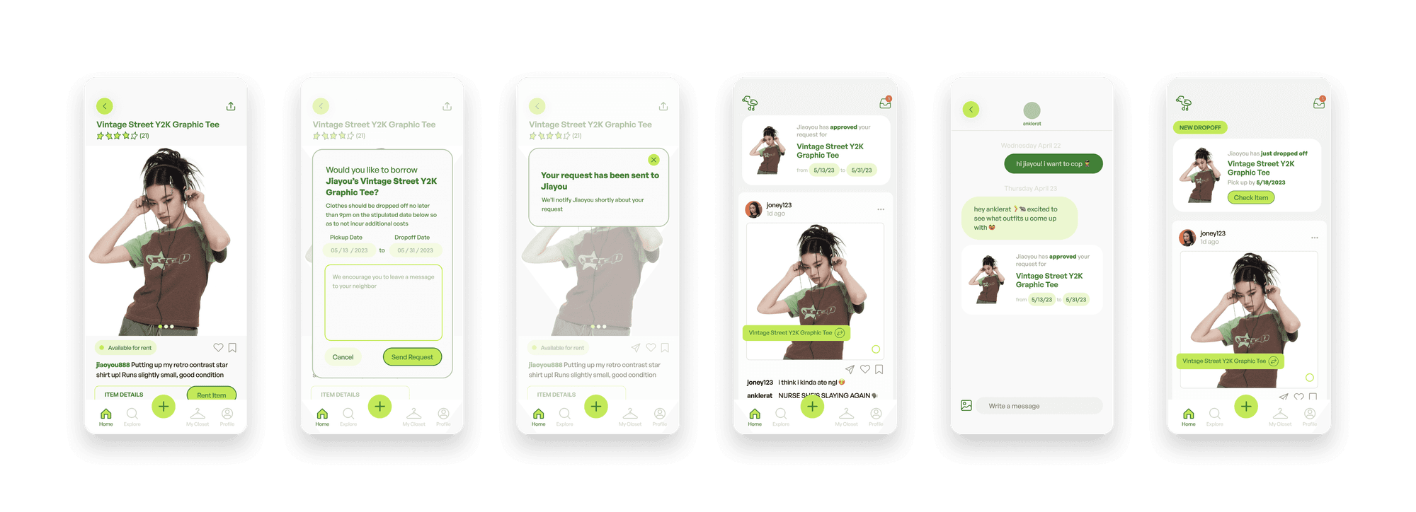 MISFIT borrow flow — item listing, request modal, feed approval, and messaging