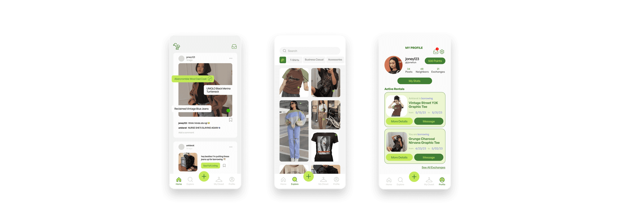 MISFIT home feed, explore masonry grid, and profile with points and active rentals
