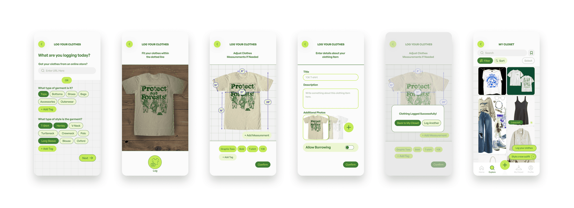 MISFIT log-clothes flow — categorize, photograph, measure, and confirm a new closet item