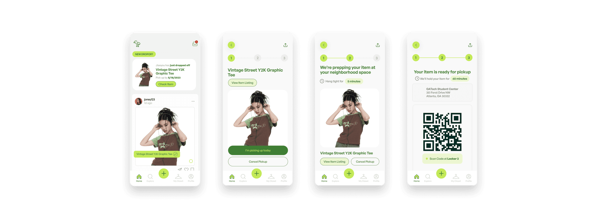 MISFIT pickup flow — new dropoff notice, confirm pickup, prep wait, and locker QR
