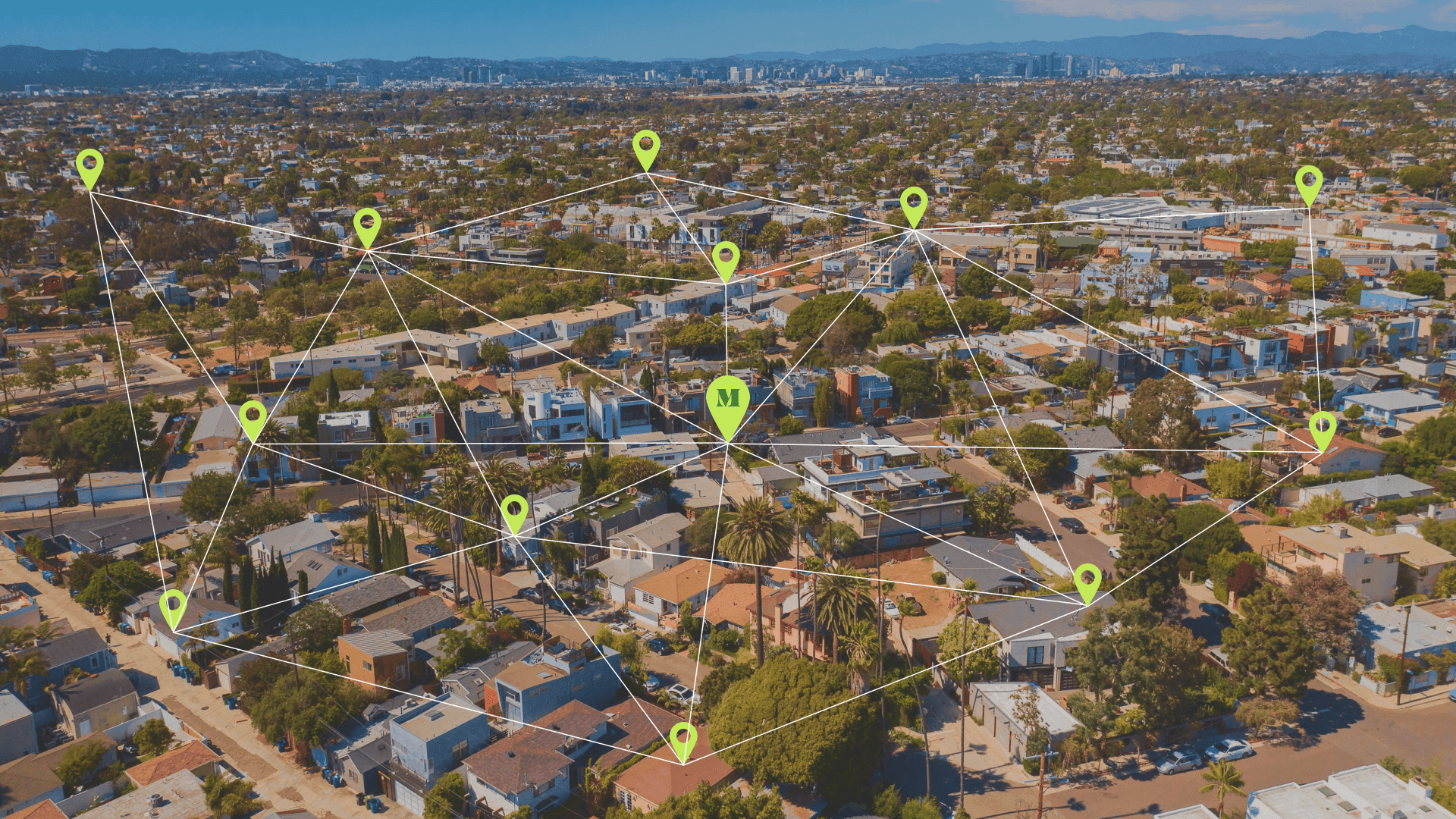 Neighborhood network map — MISFIT pickup points connected across a residential area