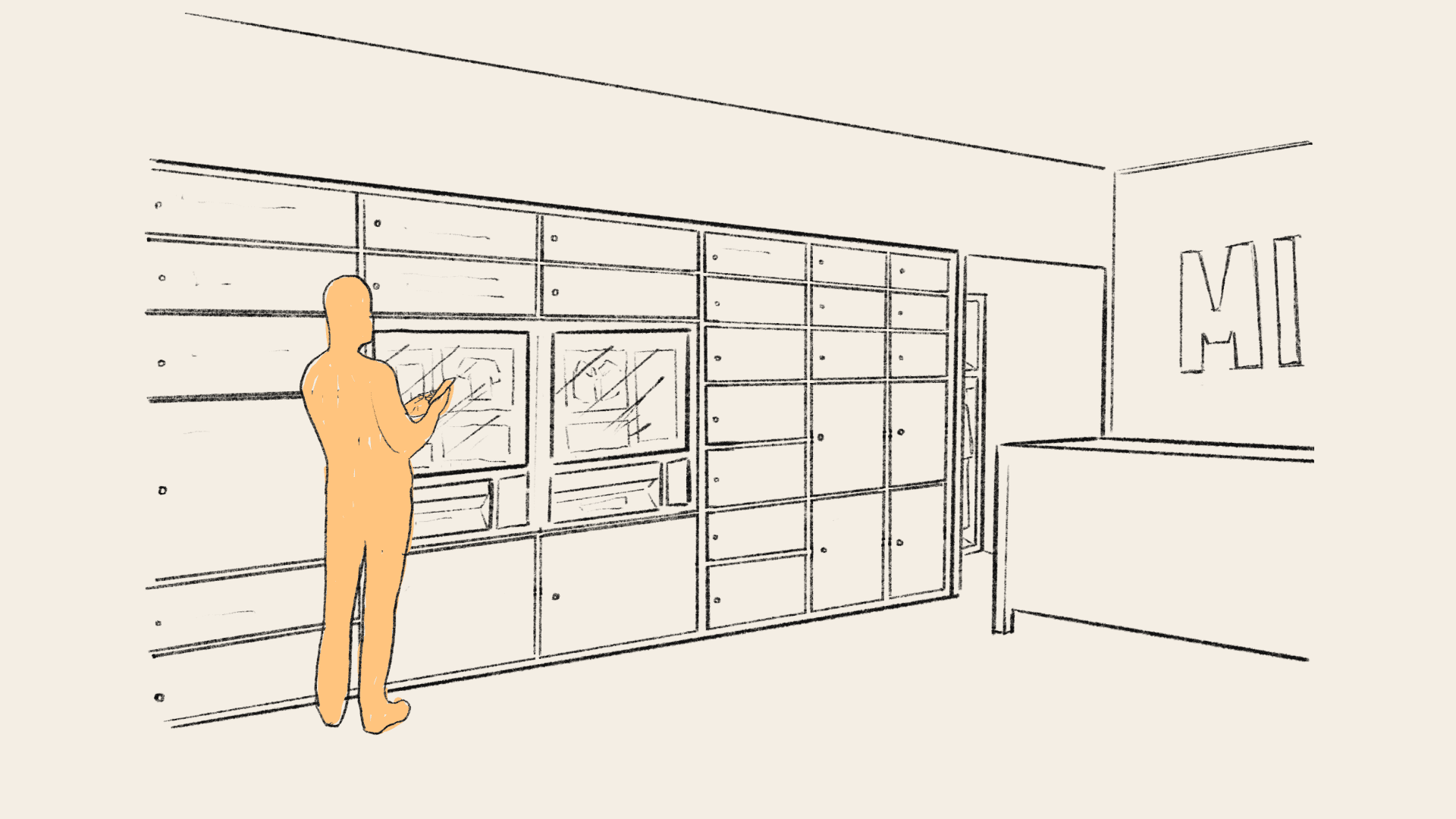 MISFIT locker wall concept — person scanning phone at display lockers