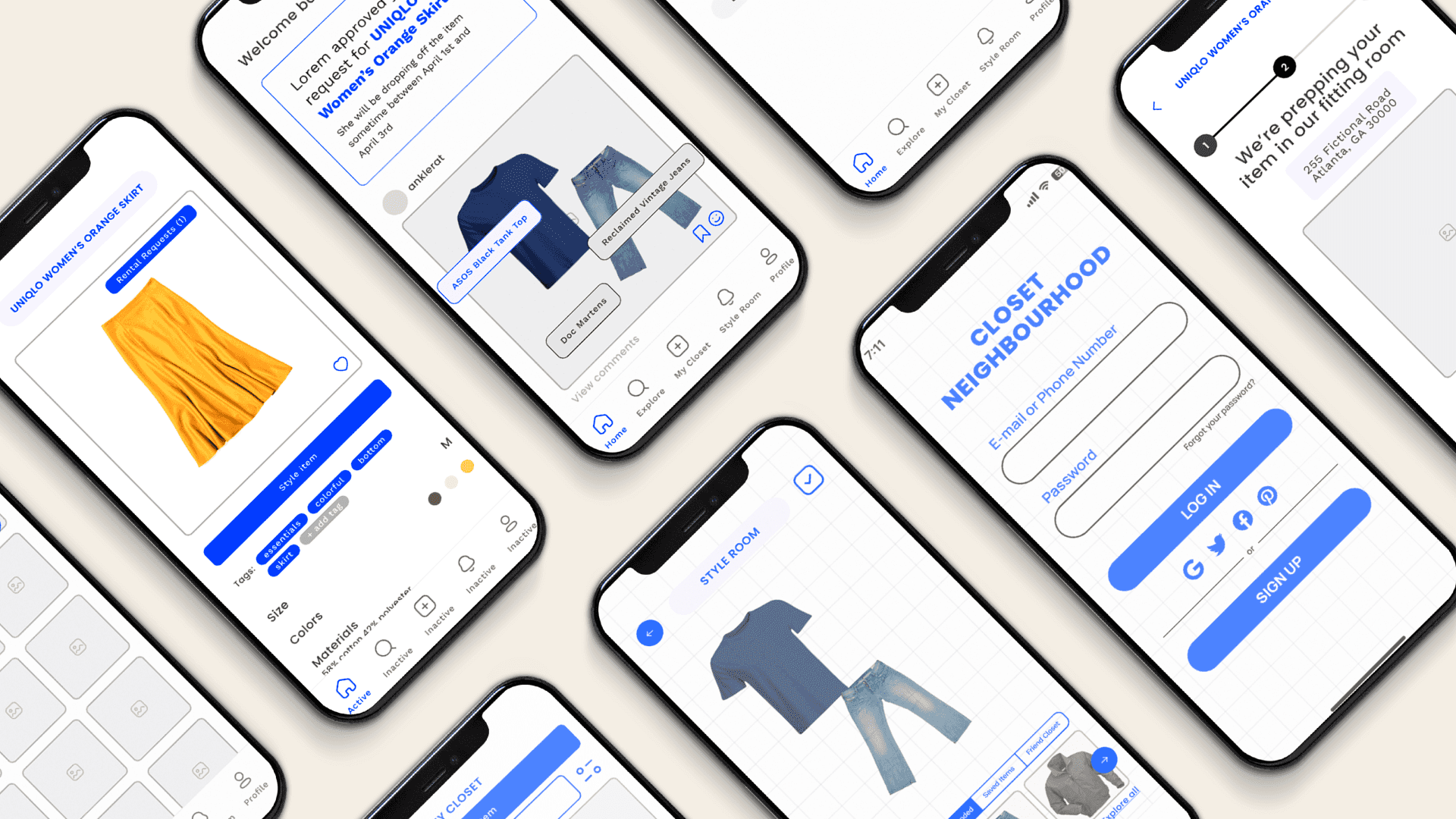 Closet Neighbourhood early prototype collage — login, listing, feed, style room, and rental status screens