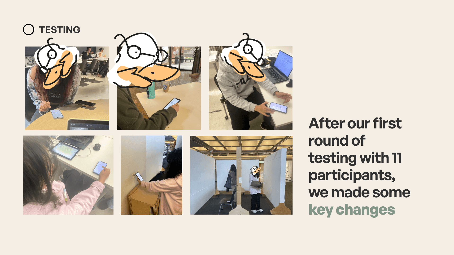 User testing sessions — participants trying the prototype on phones, faces covered with duck stickers