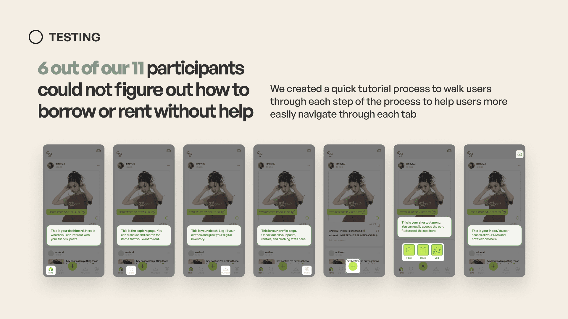 Onboarding tutorial walkthrough — seven phone screens highlighting each navigation destination