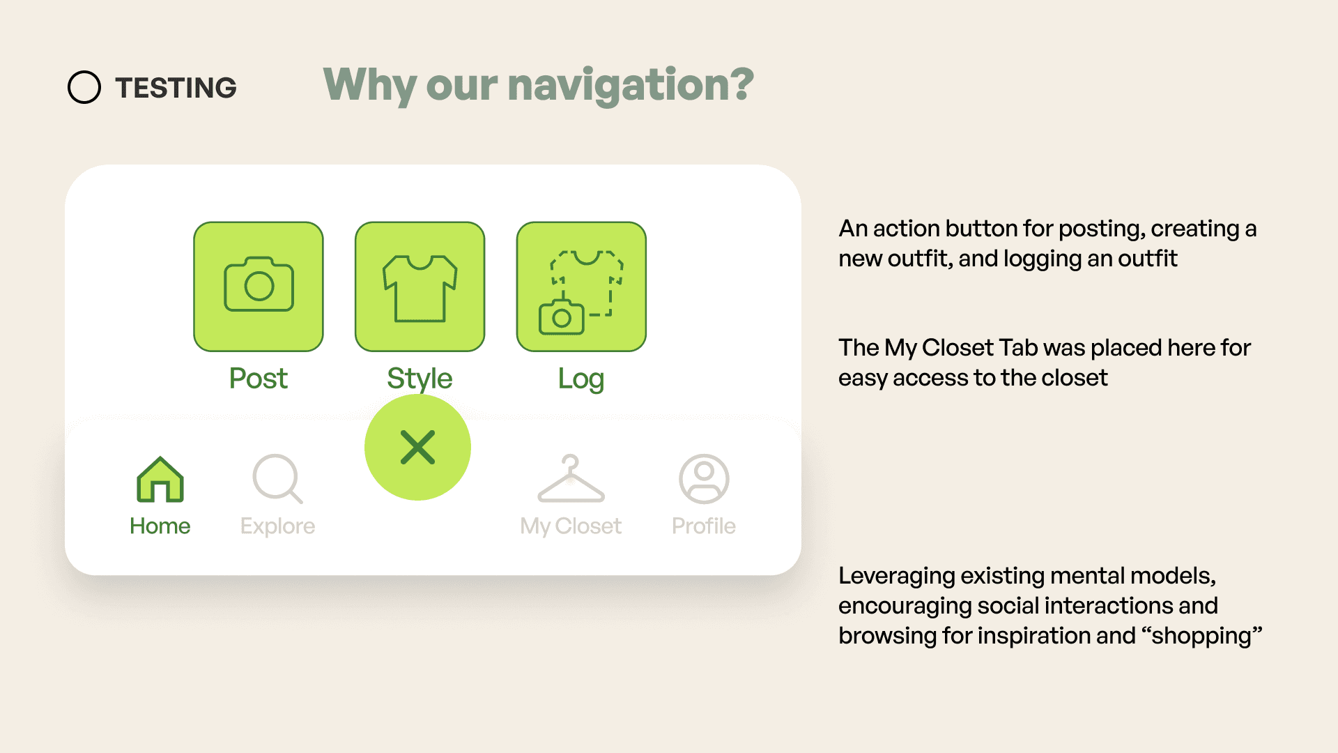 Expanded action menu — Post, Style, and Log shortcuts above the center button