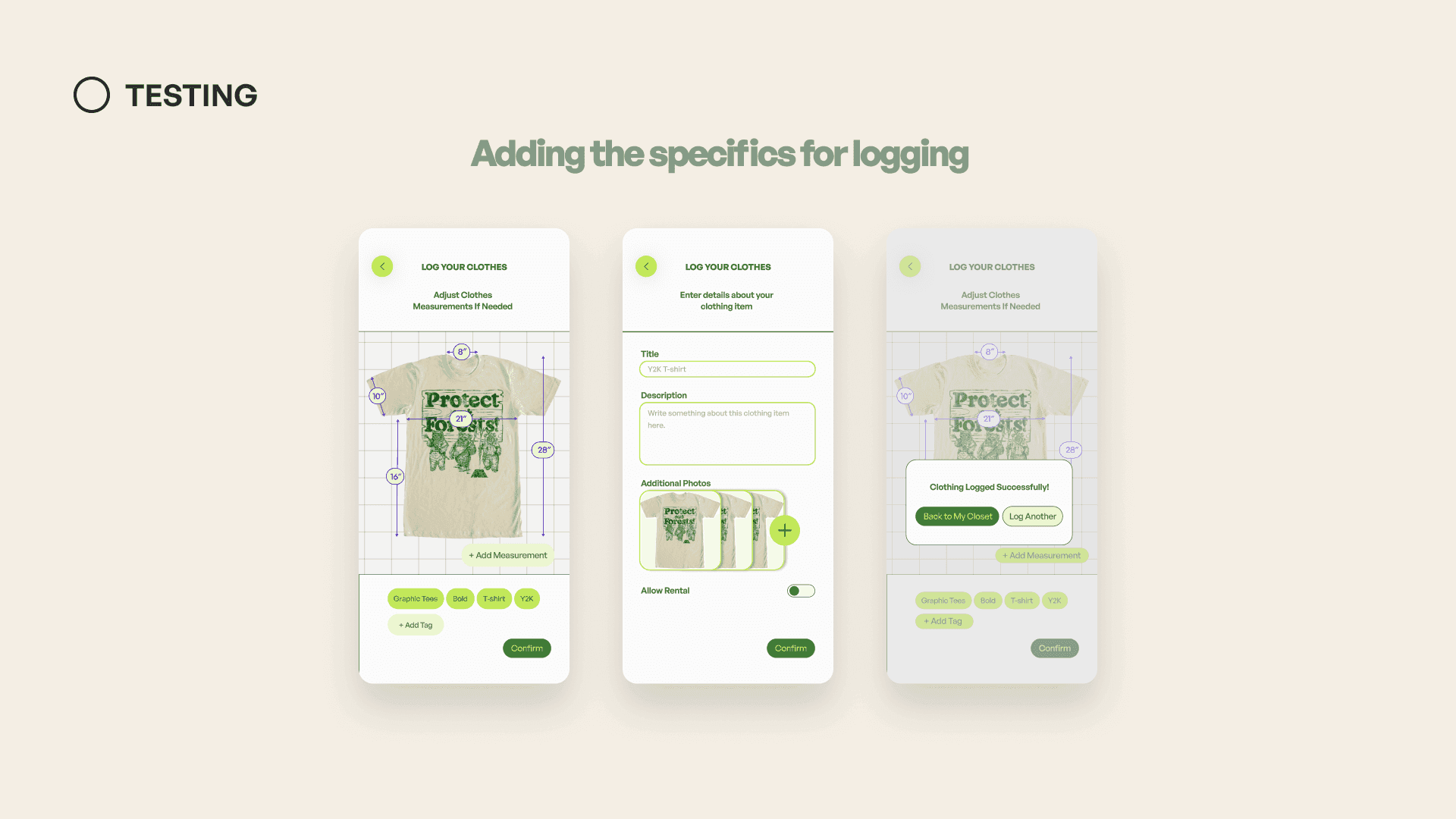 Logging specifics — measurement overlay, item details form, and clothing logged successfully modal