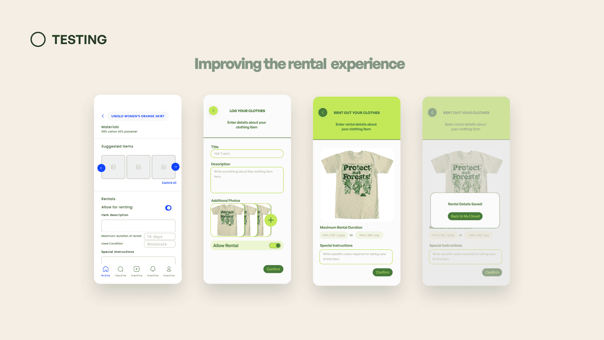 Rental experience iterations — listing settings, allow rental toggle, rent-out details, and success modal