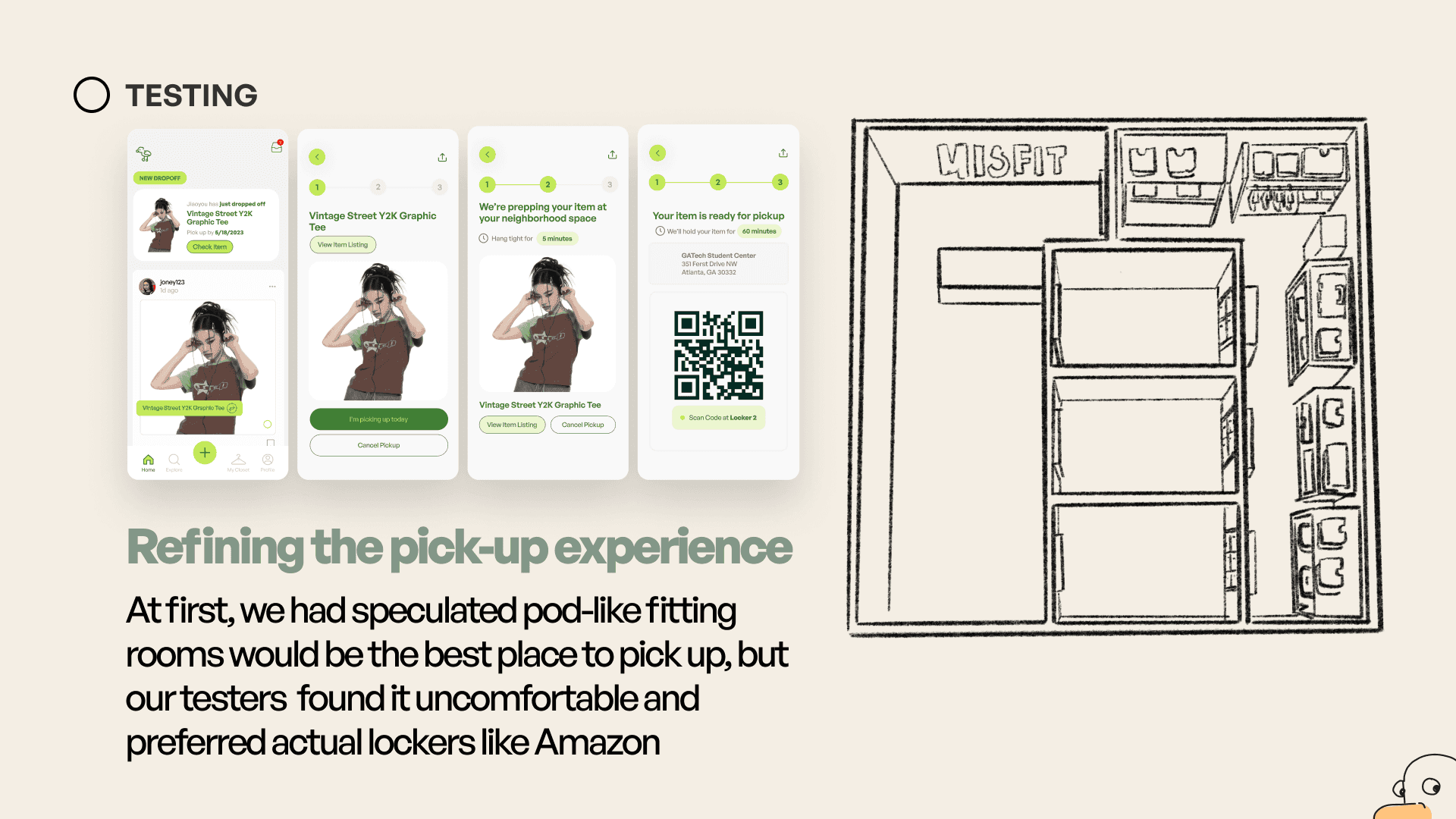 Pick-up flow and floor plan — digital QR locker handoff alongside early fitting-room space sketch