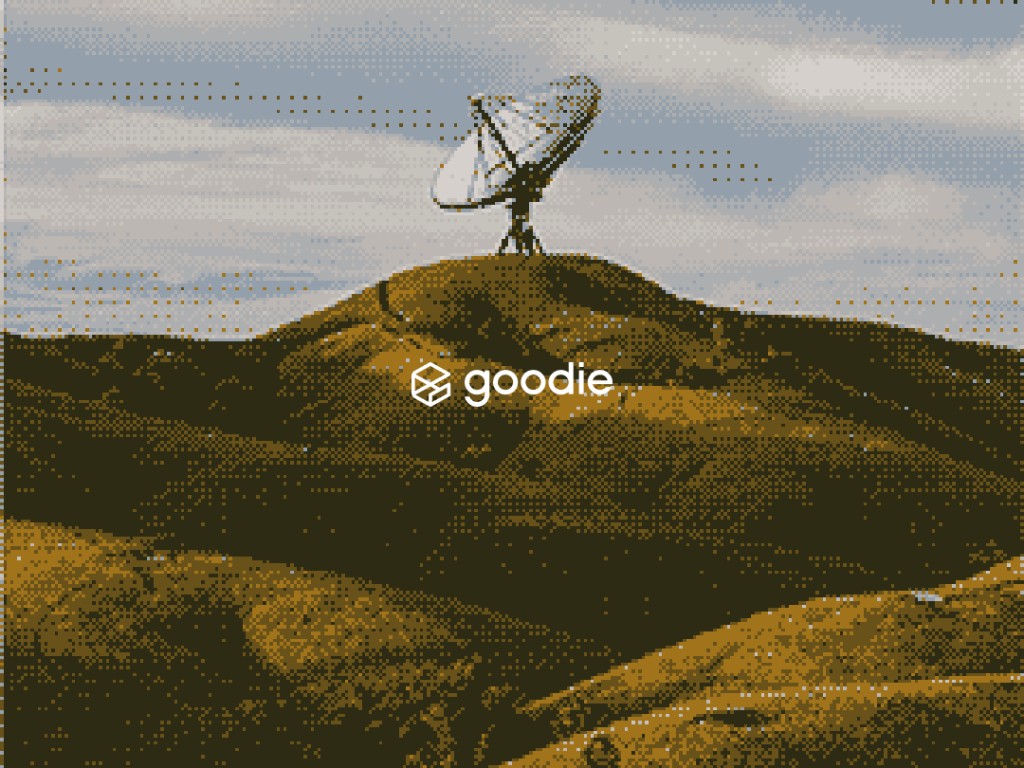 Goodie rebrand — logo lockup over a dithered satellite dish on a hillside.