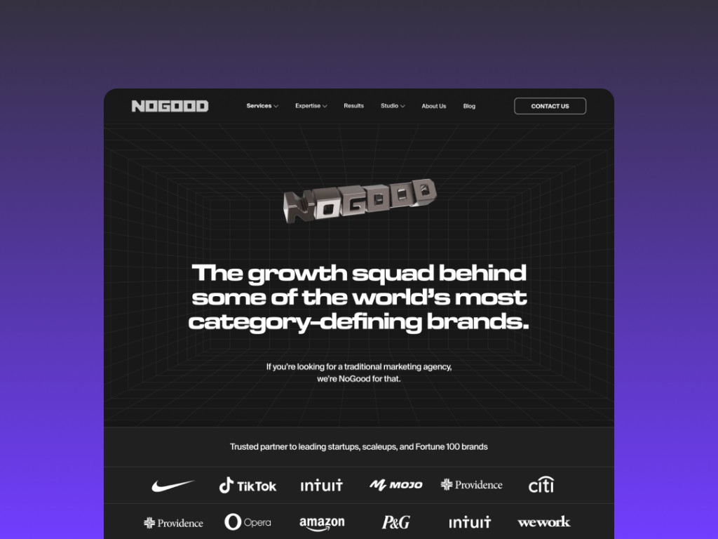 NoGood website refresh — homepage hero with chrome 3D logo, grid background, and client logo row.