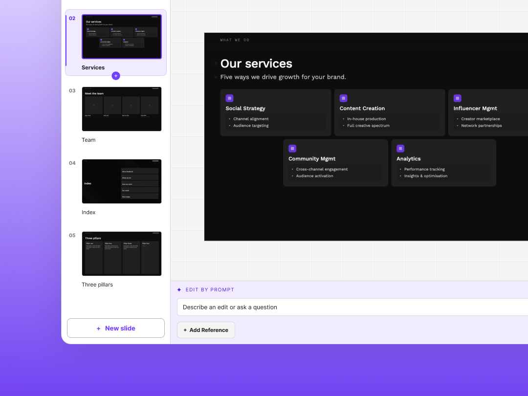 The slide builder canvas: a slide list on the left, a rendered “Our services” slide on the grid, and the edit-by-prompt bar below.